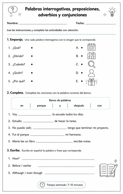 Producir palabras, frases o oraciones en español relacionadas con palabras interrogativas.