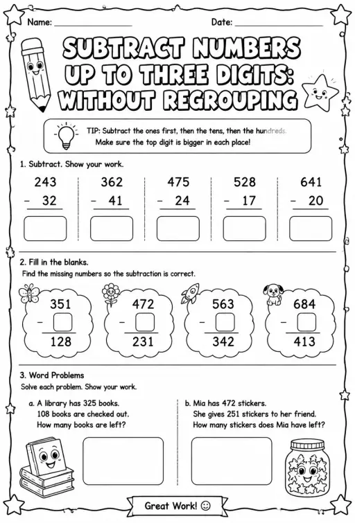 Subtract numbers up to three digits: without regrouping