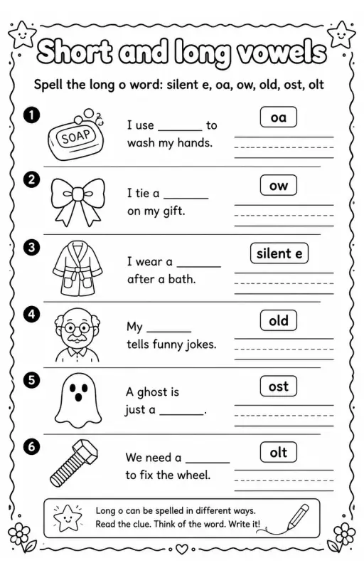 Spell the long o word: silent e, oa, ow, old, ost, olt