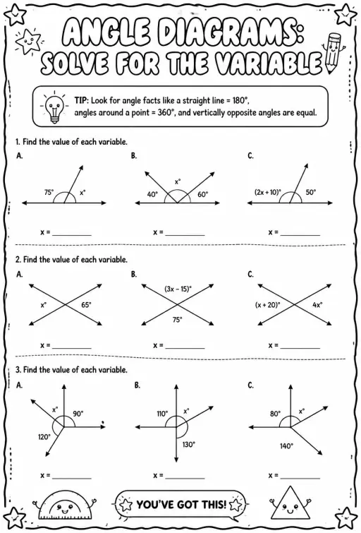 Angle diagrams: solve for the variable