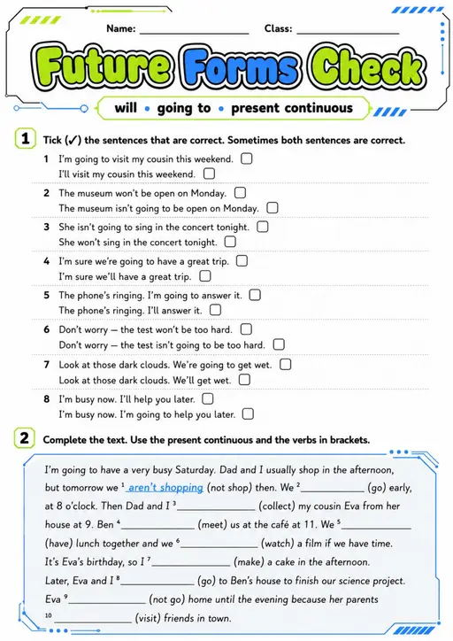 Future Forms Check | Grades 5-6 Grammar Worksheet