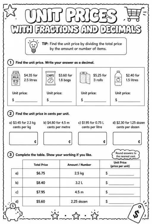 Unit prices with fractions and decimals