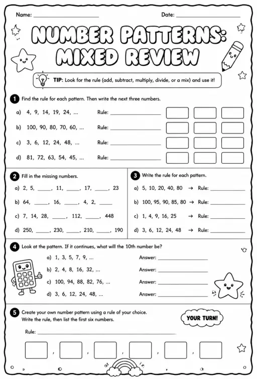 Number patterns: mixed review