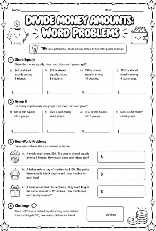 Divide money amounts: word problems