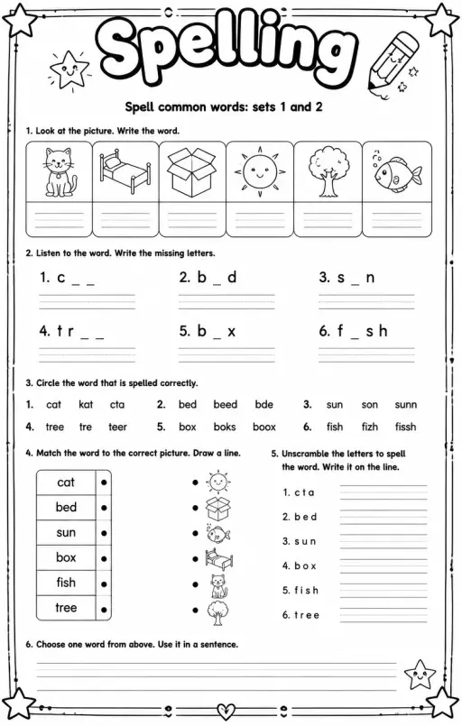 Spell common words: sets 1 and 2