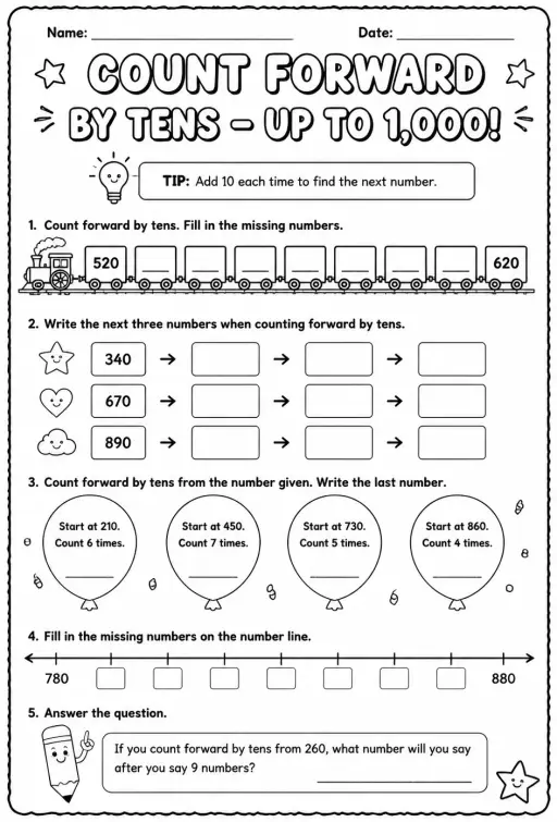 Count forward by tens - up to 1,000