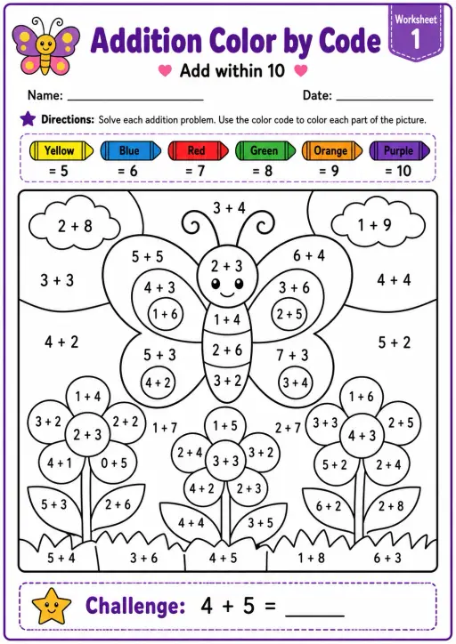 Addition Color by Code Within 10 Worksheet Pack