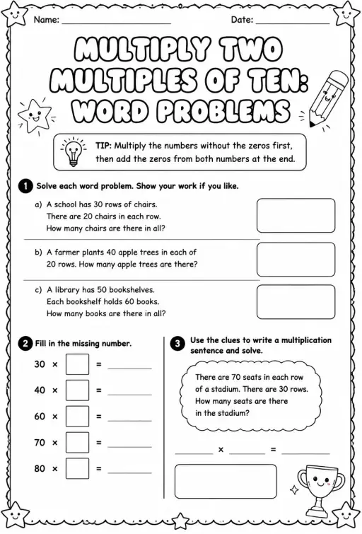 Multiply two multiples of ten: word problems