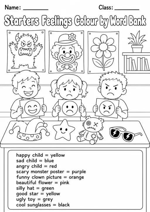 Feelings Starters Color by Word Bank Worksheet Pack