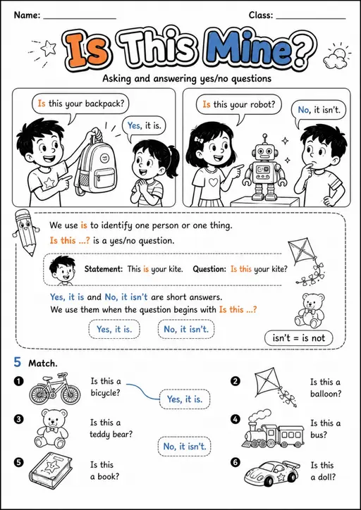 Is This? Yes or No Short Answers | Grade 1 Grammar Worksheet