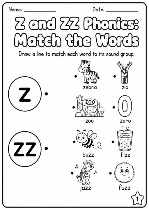 Z and ZZ Phonics Match the Words Worksheet Pack