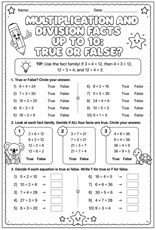 Multiplication and division facts up to 10: true or false?