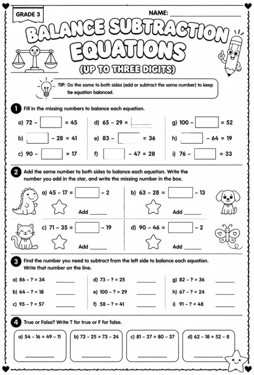 Balance subtraction equations: up to three digits