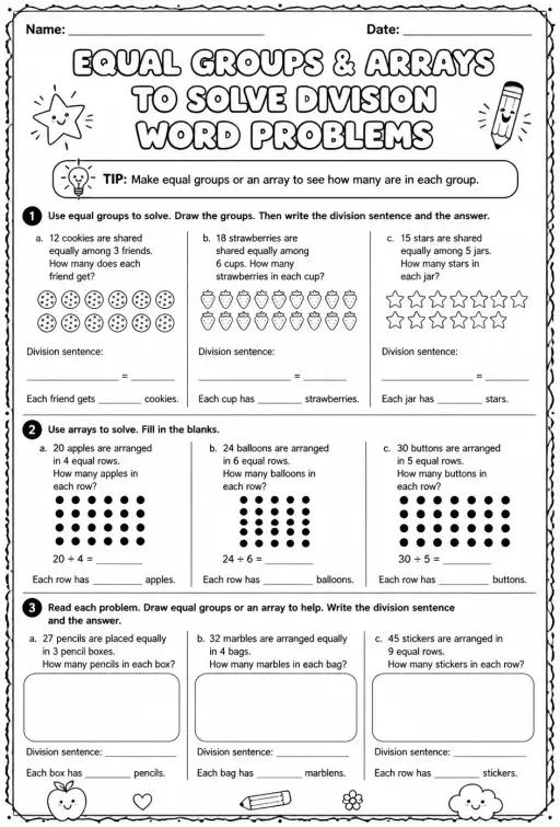 Use equal groups and arrays to solve division word problems