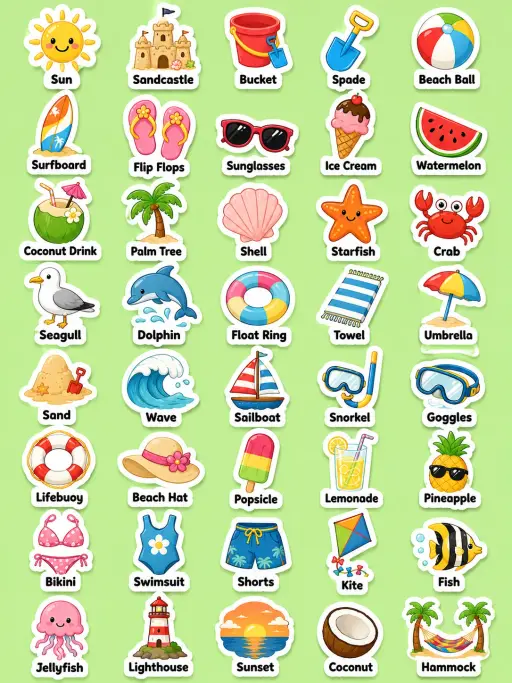 Summer and Beach Printable Sticker Sheet - Set 2