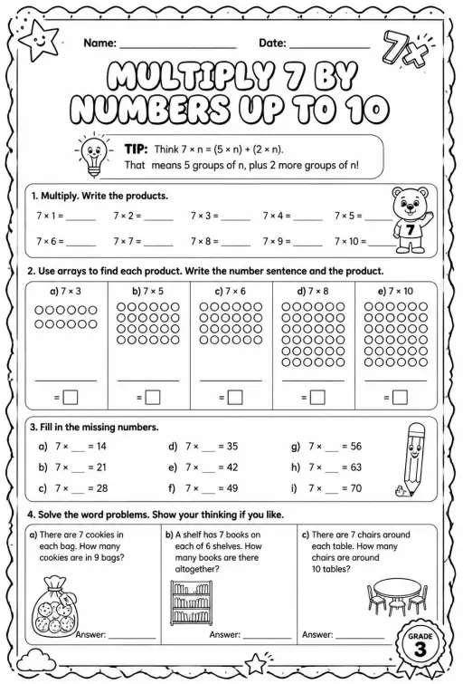 Multiply 7 by numbers up to 10