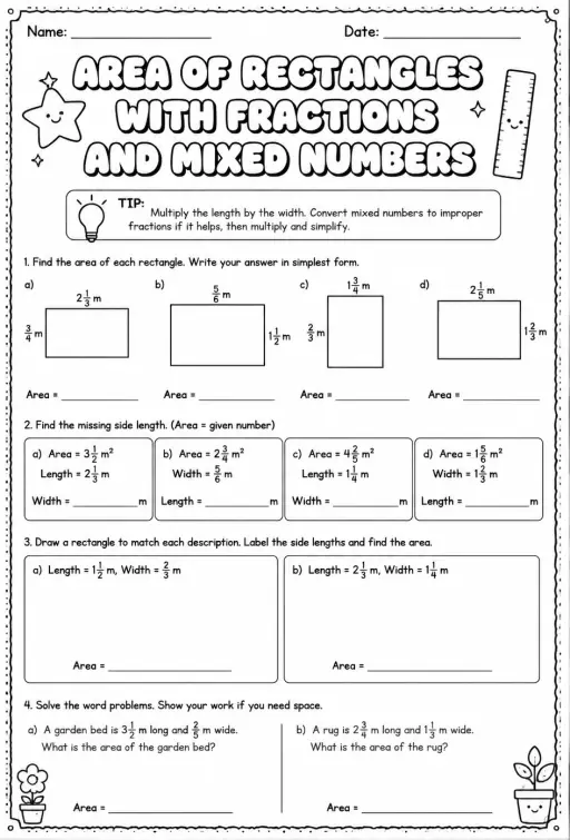 Area of rectangles with fractions and mixed numbers