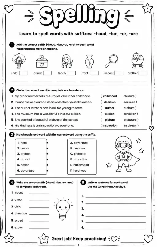 Learn to spell words with suffixes: -hood, -ion, -or, -ure