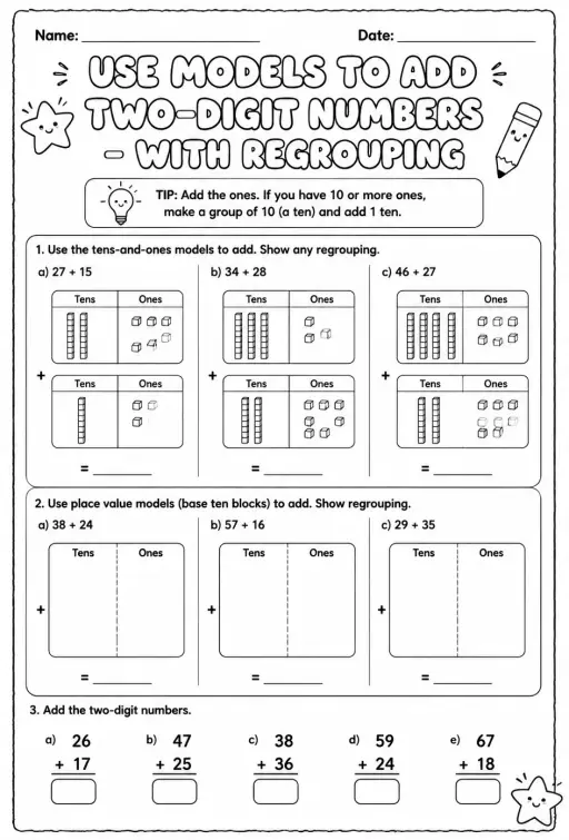 Use models to add two-digit numbers - with regrouping