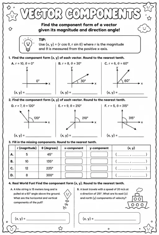 Find the component form of a vector given its magnitude and direction angle