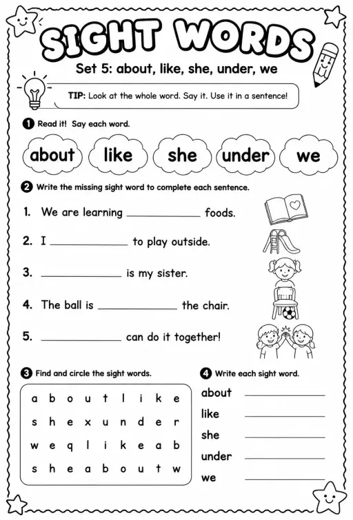 Read sight words set 5: about, like, she, under, we