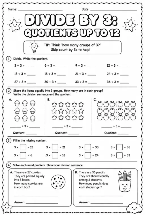 Divide by 3: quotients up to 12