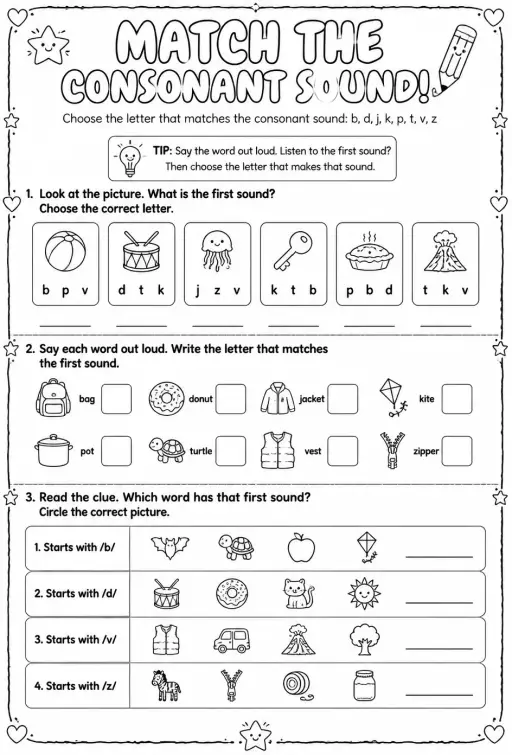 Choose the letter that matches the consonant sound: b, d, j, k, p, t, v, z