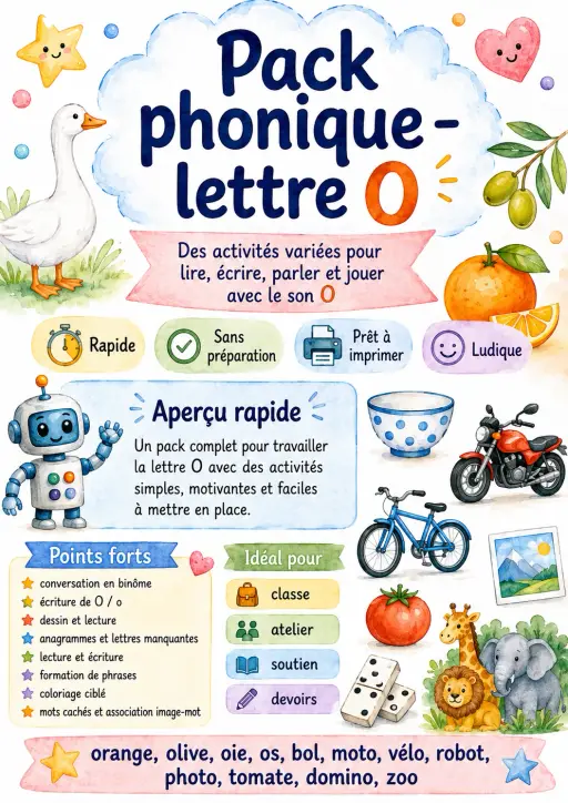 French Letter O Phonics Worksheets Pack