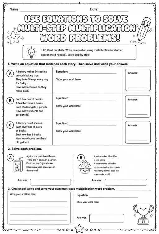 Use equations to solve multi-step multiplication word problems