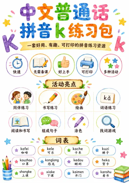 Chinese Pinyin Letter k Phonics Worksheets Pack