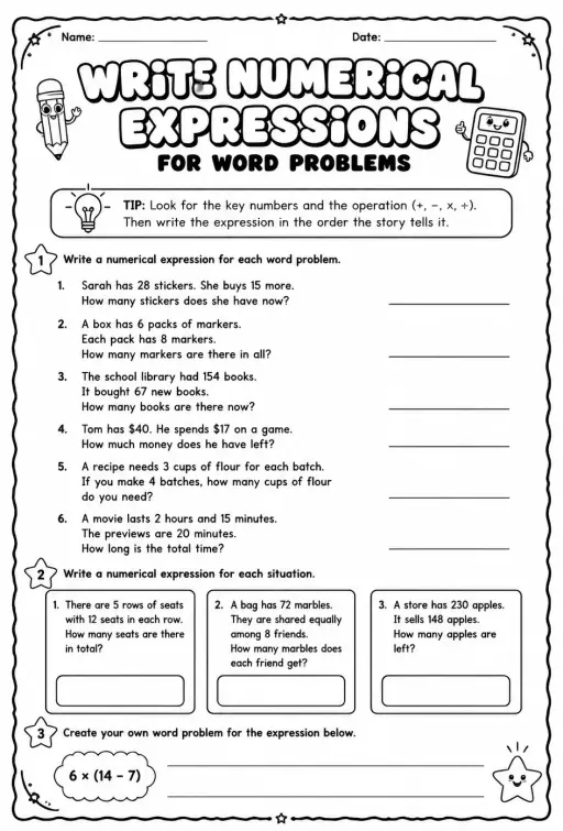 Write numerical expressions for word problems
