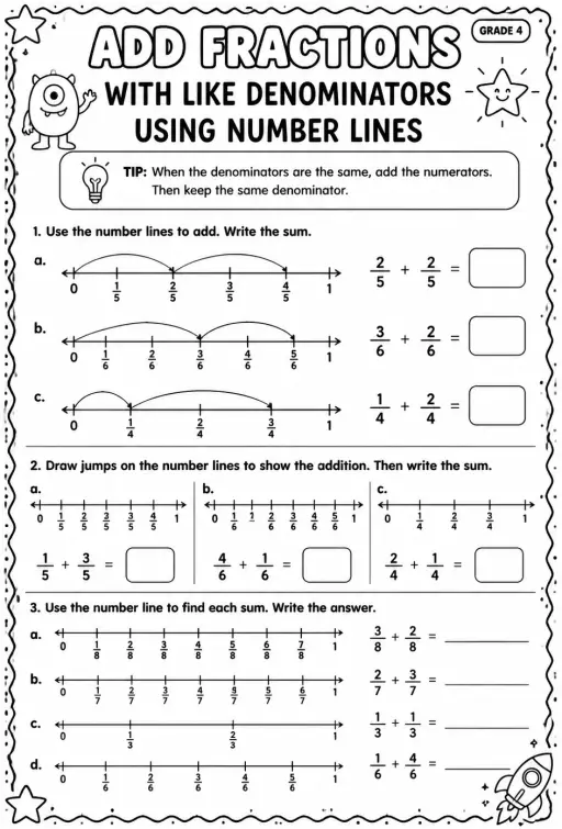 Add fractions with like denominators using number lines