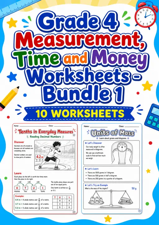 Grade 4 Measurement, Time and Money Worksheets - Pack 1