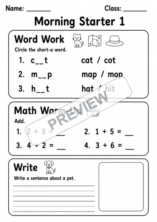 First Grade Morning Work Math and ELA | 7 Worksheets | Grade 1