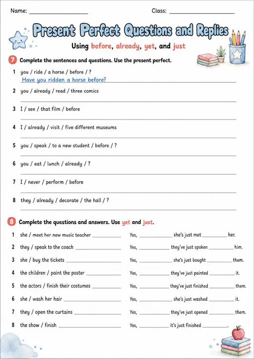 Present Perfect Questions And Replies | Grade 5 Grammar Worksheet