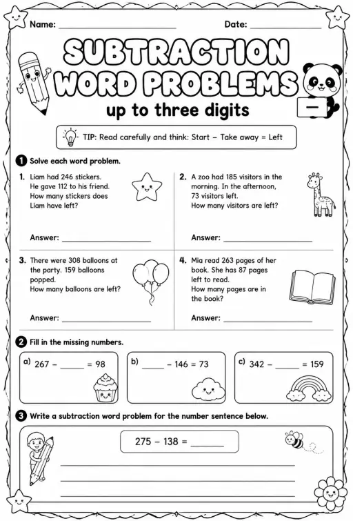 Subtraction word problems - up to three digits