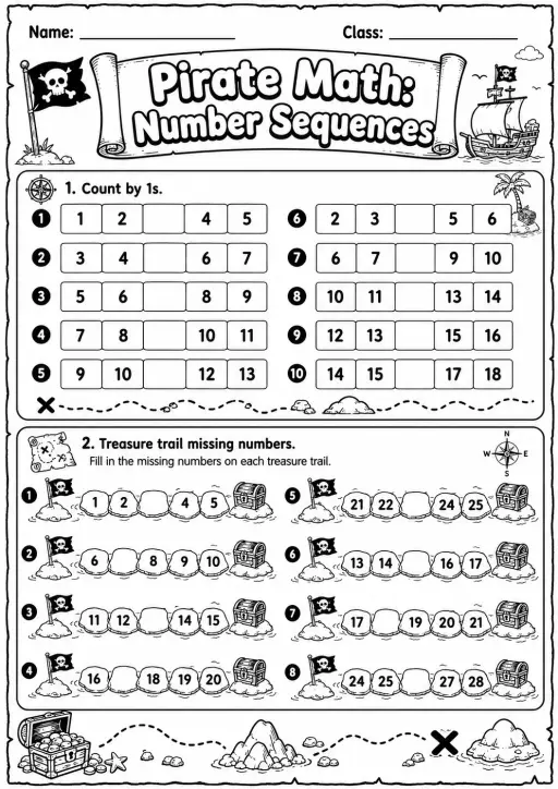 Pirate Math: Number Sequences Worksheet Pack