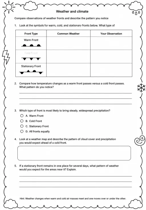 Compare observations of weather fronts and describe the pattern you notice
