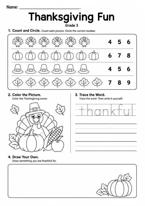 Thanksgiving Worksheet — Grade 3