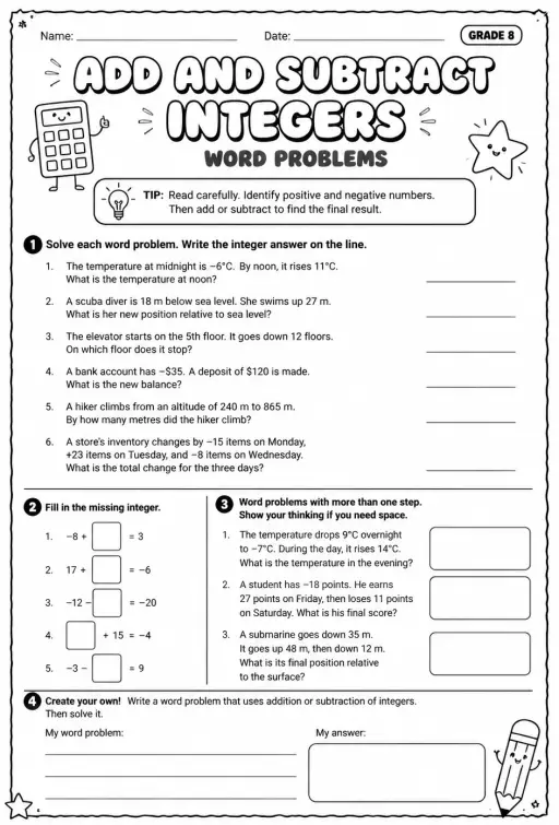 Add and subtract integers: word problems