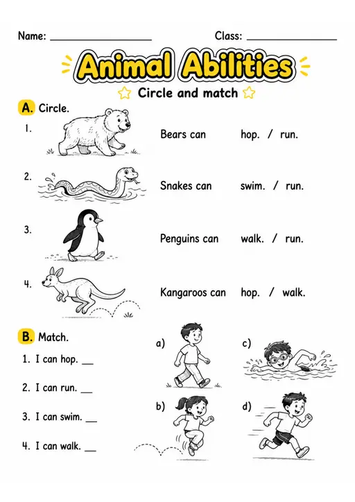 Animal Abilities | Grade 1 Grammar Worksheet