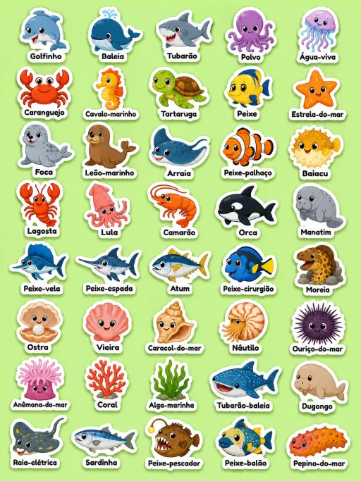 Animais marinhos - Folha de adesivos imprimíveis