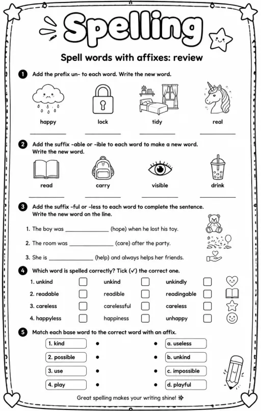 Spell words with affixes: review