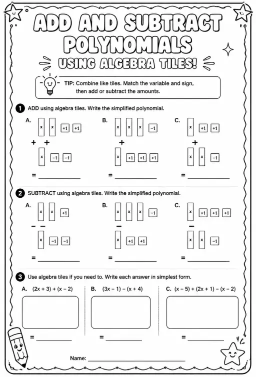 Add and subtract polynomials using algebra tiles