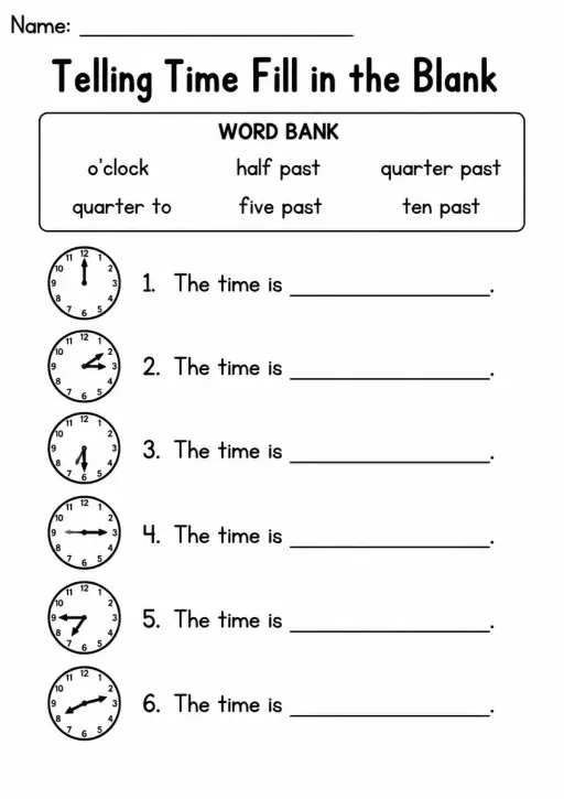 Telling Time Fill in the Blank — Kindergarten