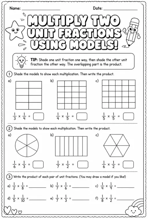 Multiply two unit fractions using models