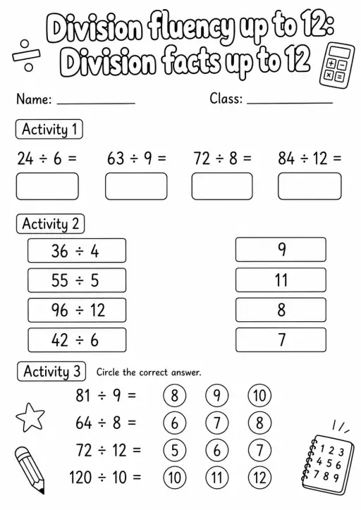 Grade 3 Division Fluency Up To 12 Math Worksheet Pack