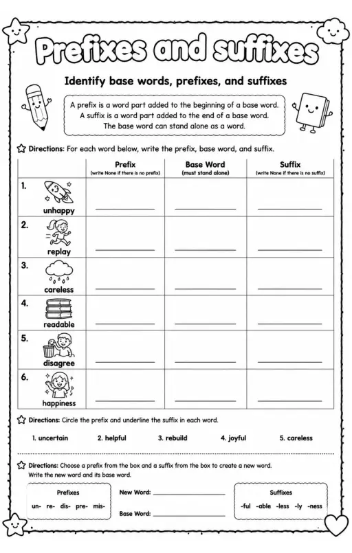 Identify base words, prefixes, and suffixes