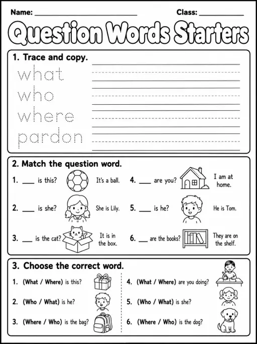 Question Words Starters Vocabulary Worksheet Pack