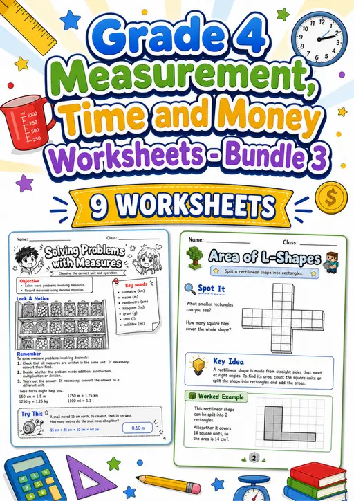 Grade 4 Measurement, Time and Money Worksheets - Pack 3